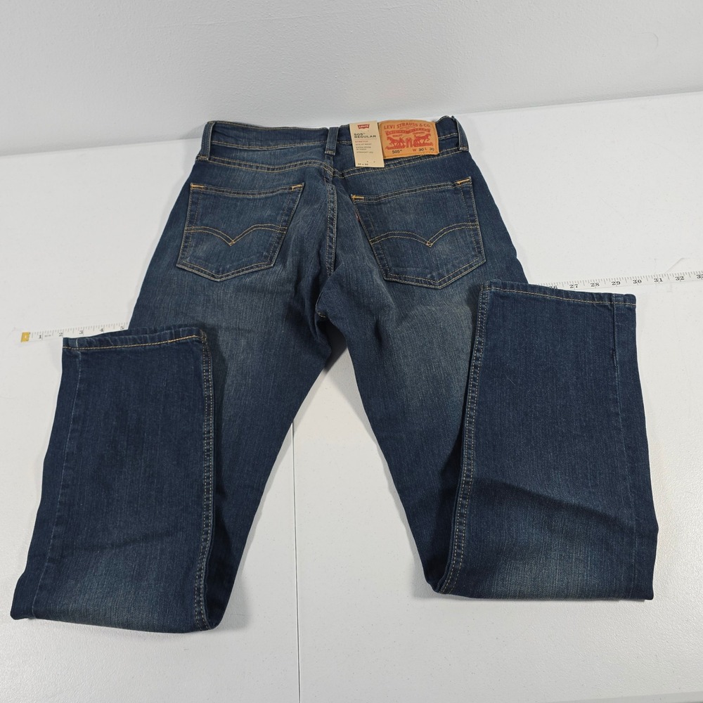 Levis 505 Regular‎ Fit Straight Leg Stretch Jeans Mens 30x30 Dark Wash Blue NWT - Picture 3 of 8